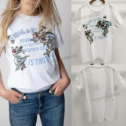 23SS Zadig Voltaire Women Designer Fashion Cotton T Shirt New Zadig Top Classic Letter Printing Flower Snake Brodery Short Sleeved T-shirt Beach Tees