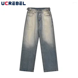 Men's Jeans Autumn Winter Washed Distressed Loose Denim Pants Mens Streetwear Casual Straight-leg Men