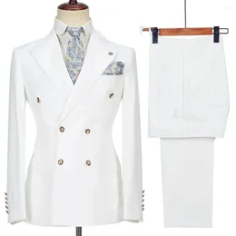 Men's Suits 2023 Costume Homme White Double Breasted Business For Men Groom Wedding Terno Masculino Slim Fit 2PCS(Blazer Pants)