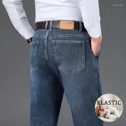 Мужские джинсы, хлопковые осенние свободные прямые брюки со средней талией, удобные эластичные деловые повседневные джинсовые брюки, мужские бренды