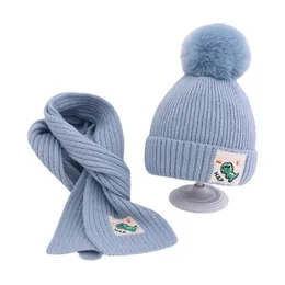 Scarves Doit Winter Boys Girls Warm Beanies Child Scarf Hat Set Simple Dinosaur Fur Ball Baby Kids knit Cartoon Scarves Hats 231012