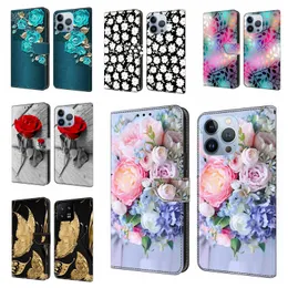 Stylish Flower Pu Leather Plånbok Fall för iPhone 15 Plus 14 13 12 11 Pro XS Max XR X 8 7 6 Butterfly Floral Rose Horse Tiger Cat Holder ID Card -kortplats Flip Cover Book Pouch