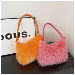 HOT Soft Plush Girl Bag Y2K Style Underarm Hobo Autumn And Winter Women's Solid Lamb Hair Fashion Shoulder