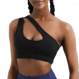 Roupa de yoga linda volta esportes sutiã mulheres fitness à prova de choque correndo assimétrico alça de ombro colete-estilo treino ginásio