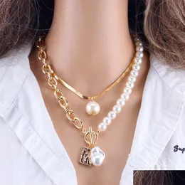Moda 2 camadas pérolas pingentes geométricos colares para mulheres ouro metal cobra corrente colar novo design jóias presente dhgarden otdfp