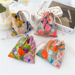 14x16cm Oil Painting Style Printed Cotton Drawstring Purse Bag Storage Pouch Retro Cosmetic Bag Christmas Gift Candy Jewelry Organizer
