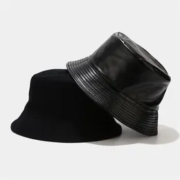 Chapeau seau en Faux cuir, chapeaux de pêcheur réversibles, en coton PU, imperméable, solide, pour femmes, Fashion292W