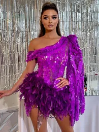 Casual Dresses Women Sexy One Shoulder Long Sleeves Luxury Glitter Purple Sequins Cocktail Party Prom Feather Design Mini Vestidos