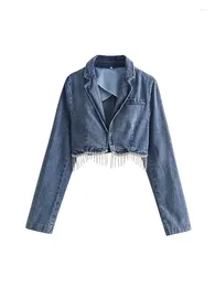 Jaquetas femininas borlas decoradas denim gola entalhada manga longa jaqueta cortada feminina streetwear moda feminina outerwears