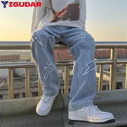 Men's Jeans Korean High Street Loose Casual Pants Men's Embroidered Cross Flare New Jeans Denim Forwomen Men Same Paragraph Y2k baggy pantsL231011