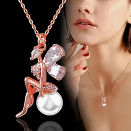 Anhänger Halsketten LEEKER Trend Zirkonia Perlen Engel Mädchen Ketten mit Anhänger Rose Gold Farbe Halskette Für Frauen Schmuck LK3