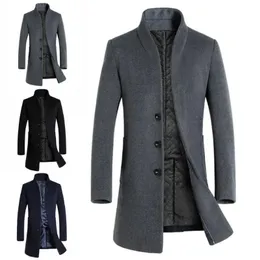 Lã masculina inverno quente cor sólida casaco de lã fino outwear casaco longo com botão