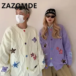 Herrenpullover ZAZOMDE Paar Trendy Star Cardigan Pullover Männer Lose Patch Designs Harajuku Mantel Streetwear Einreiher Jacken Sweatercoat 231011