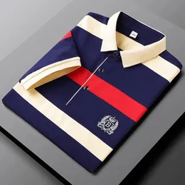 Herrpolos sommar kortärmad polo skjortor män tshirt 2023 bomull randig broderad affärsmän männas kläder manliga tees 231011