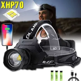 Lampy głowicy XHP70 LED ładowna reflektor Super jasny głowa latarka do power Bank Zoom Zoom Reflektor na zewnątrz Kamping Kampingowy Q231013