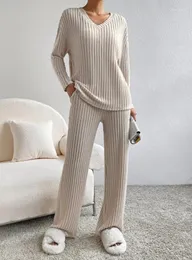 Set di pantaloni a due pezzi da donna per donna 2 pezzi 2023 Autunno Casual Loungewear allentato scollo a V manica lunga Top e Pit Strip lavorato a maglia dritto