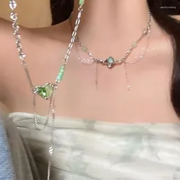 Kolye Kolyeleri Tatlı Serin Yeşil Rhinestone Aşk Kalp Kolyesi Harajuku Kızlar Barış Tokalı Tassel Ceza Kadınlar için Kore Mücevher