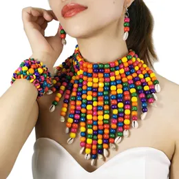 Bröllop smycken set bohemian multicolor woods mode för kvinnliga pärlor skal tassel uttalande choker halsband örhängen armband afrikan 231012