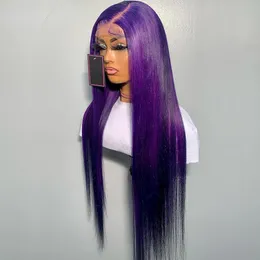 Peruvian Hair Purple Transparent Lace Front Wig 250% Density Colored Red/Blue/blonde/brown/pink Lace Frontal Wigs Pre-Pluck Synthetic Cosplay Wigs