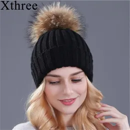Xtrês chapéu de inverno de pele de vison natural para mulheres, gorros de malha com pom, boné feminino grosso, gorro 220112356d