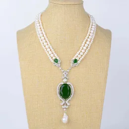 Pendant Necklaces 19'' 3 Strands Cultured White Pearl Green Crystal Keshi Necklace