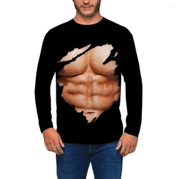 Herr t skjortor män lång ärm pullover simulerad muskeltryck stark tatuering skjorta besättning hals blus aktivt kläder topp tee manliga t-shirts