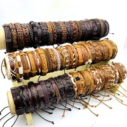 Wholesale 100PCs/Lot Leather Cuff Bracelets Bangle Mens and Womens Fashion Jewelry Handmade Rope Tie Size Adjustable Black Brown Multicolor