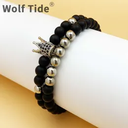 New 6mm Black Men's Volcanic Rock Beaded Bracelet Frosted Copper Bead Bracelets With Zircon Inlaid Crown Couple Bracelets For Lovers Women Charms Jewelry Wholesale