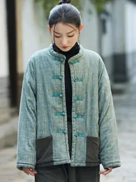 Women's Trench Coats Johnature Women Vintage Linen Parkas Stand Long Sleeve Button Winter 2023 Solid Color Chinese Style