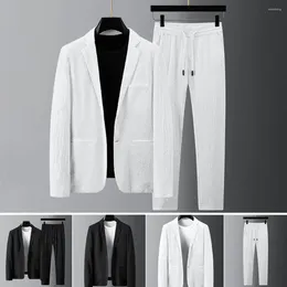 Herrspårar 1 Set män passar snygg vår sommarknapp TurnDown Collar Blazer Elastic midjebyxor för festformellt