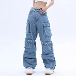 Damskie dżinsy kieszeń solidny kolor dżinsy damskie Y2K Street retro luźne szerokie nogi para swobodnego jokera dżinsów Pants Women 231011