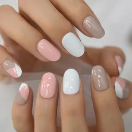 Unhas falsas rosa branco cáqui falso multicolor imprensa nas unhas curto redondo cobertura completa gel brilho salão de arte do prego casa diy