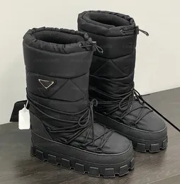 Designer Snow Boots toppkvalitet nylon apres-ski bootie gabardines stövlar kvinnor slip-on chunky vinter varm päls triangel stövlar sko