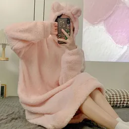 Women's Sleepwear 2023 Autumn Winter Warm Women Flannel Hooded Robe Nightgown Sweet Girls Cartoon Bathrobe Female Nightdress Home Clothes