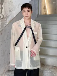 Men's Suits Designer Runway Thin Casual Suit Jacket Men Long Sleeve Loose Fit Sexy Outerwear Fashion Summer Single Button Chiffon Blazers