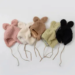 Vinterlammfleece baby beanie cap söt kanin öron barn öronskydd motorhatt hatt fast färg varma pojkar flickor öronmuffar mössor