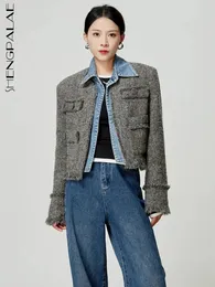 Women's Jackets SHENGPALAE Fake Two Pieces Coat For Women Autumn 2023 Fashion Denim Patchwork Woolen Outwear Temperament Lapel Jacket 5R6728 231011