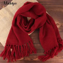 Scarves Handmade Vintage Red Scarf Woman Tassel Warm Neckerchief Autumn Winter Soft Knitted Solid Fashion Christmas Gift 231012
