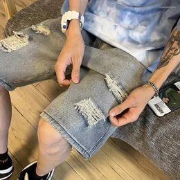 Herr jeans sommar perforerade denim shorts casual modemärke lösa ins hög gata mångsidiga tunna capris a