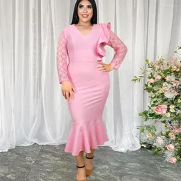 Casual Dresses Woman Pink Lace Dress Long Sleeve V Neck Patchwork Ruffles BodyCon Mermaid Women Evening Party Elegant Formal African Gown