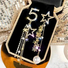 Dangle Earrings Fashion Jewelry Simulation Pearl Tassel Long Rhinestone Five-pointed Star Asymmetric For Women Gifts Pendiente