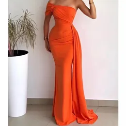 Elegant Orange One Shoulder Mermaid Prom Dresses Long 2023 For Women Ruched Party Gowns Draped Ribbon Evening Celebrity Dress