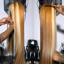 40 Polegada 250% brasileiro em linha reta destaque perucas frente do laço cabelo humano sem cola mel loira peruca frontal do laço sintético para mulher