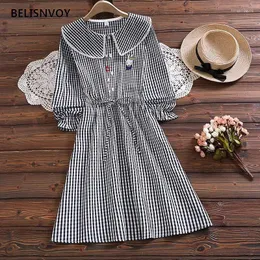 Casual Kleider Japanische Frühling Frauen Kawaii Kleid Sailor Kragen Plaid Stickerei Vestidos de Festa Langarm Elegante Lose Süße