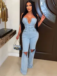 Kvinnors jumpsuits Rompers Autumn Outfits Streetwear Women Sleeveless Bodycon Denim Jumpsuit Blue Backless Jeans Overalls 2023 231012