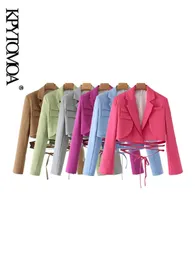 Mezclas de lana para mujer KPYTOMOA Moda para mujer con chaqueta recortada atada Abrigo Vintage Manga larga Ropa exterior femenina Chic Veste Femme 231011