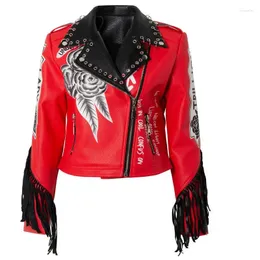 Женские куртки, женская весенняя красная куртка с цветочным узором из искусственной кожи с кольцом и кисточками, мотоциклетные пальто с заклепками, DJ Club