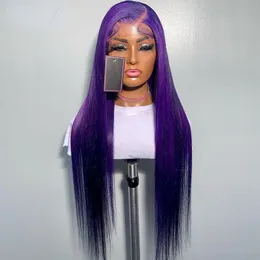40 Inch Dark Purple Colored Straight Lace Front Human Hair Wigs for Black Women 180% Transparent 360 Lace Frontal Wig Preplucked