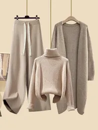 Calças femininas de duas peças outono inverno quente malhas conjuntos para mulheres roupas senhoras elegante gola alta sweaterlong cardigan jaqueta larga perna calça conjunto 2023 231011