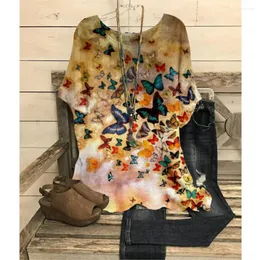 Women's Blouses Summer Loose 3D Printing Round Neck Casual Blouse 2023 Retro Butterfly Print Pullover Shirts Chemisier Femme Chic